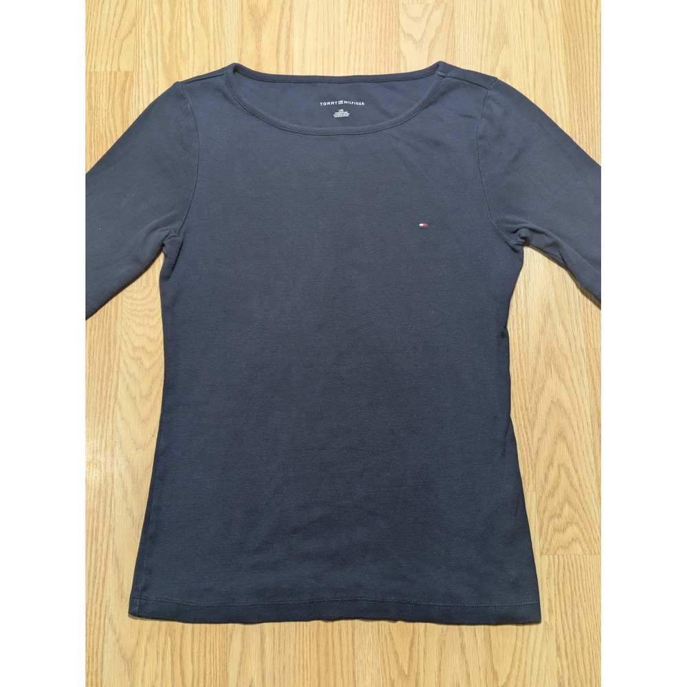 Tommy Hilfiger Womens Long Sleeve Crew Neck Logo Tee Navy Blue Large